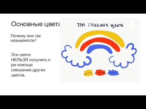 Основные цвета Почему они так называются? Эти цвета НЕЛЬЗЯ получить при помощи смешения других цветов.​