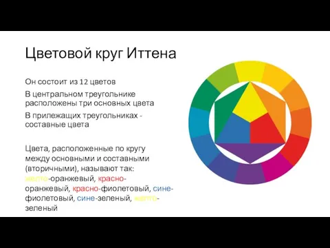 Цветовой круг Иттена Он состоит из 12 цветов В центральном треугольнике расположены