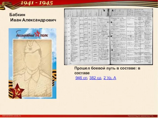 Бабкин Иван Александрович Прошел боевой путь в составе: в составе 946 сп,