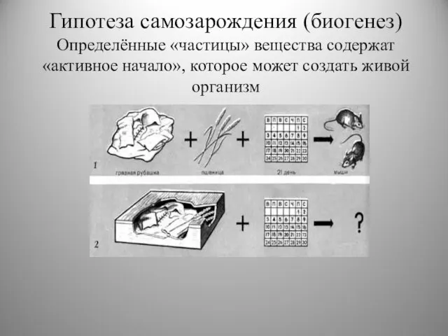 Гипотеза самозарождения (биогенез) Определённые «частицы» вещества содержат «активное начало», которое может создать живой организм