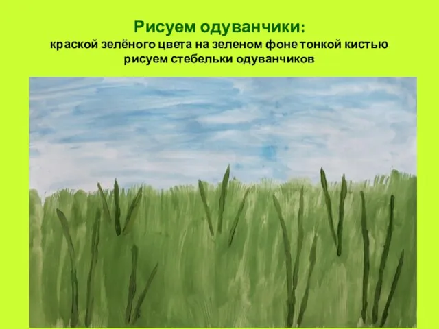 Рисуем одуванчики: краской зелёного цвета на зеленом фоне тонкой кистью рисуем стебельки одуванчиков