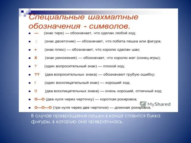 В случае превращения пешки в конце ставится буква фигуры, в которую она превратилась.