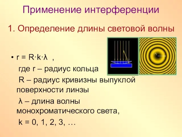 Применение интерференции 1. Определение длины световой волны r = R·k·λ , где