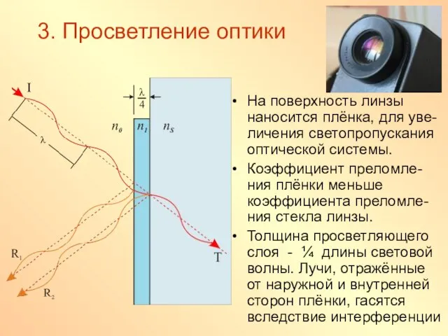 3. Просветление оптики На поверхность линзы наносится плёнка, для уве-личения светопропускания оптической