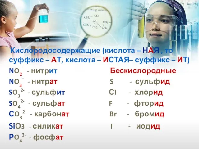 Кислородосодержащие (кислота – НАЯ , то суффикс – АТ, кислота – ИСТАЯ–