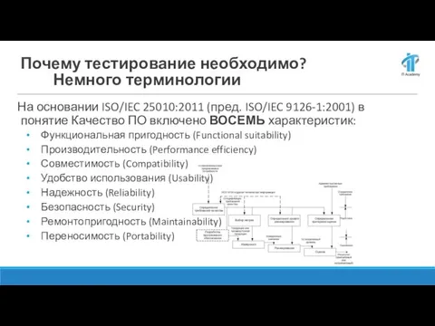 Почему тестирование необходимо? Немного терминологии На основании ISO/IEC 25010:2011 (пред. ISO/IEC 9126-1:2001)