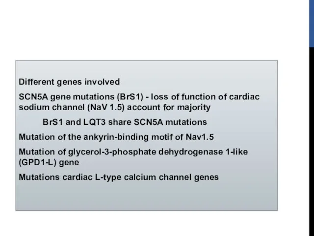 Different genes involved SCN5A gene mutations (BrS1) - loss of function of