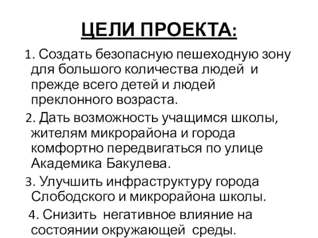 ЦЕЛИ ПРОЕКТА: 1. Создать безопасную пешеходную зону для большого количества людей и