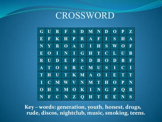 CROSSWORD Key – words: generation, youth, honest, drugs, rude, discos, nightclub, music, smoking, teens.