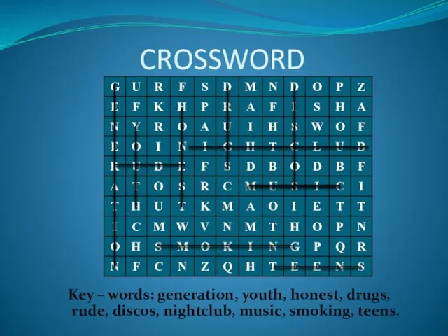 CROSSWORD Key – words: generation, youth, honest, drugs, rude, discos, nightclub, music, smoking, teens.