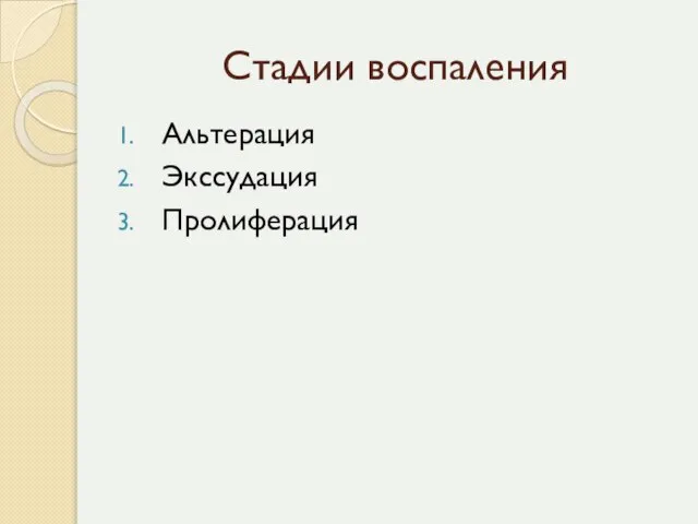 Стадии воспаления Альтерация Экссудация Пролиферация