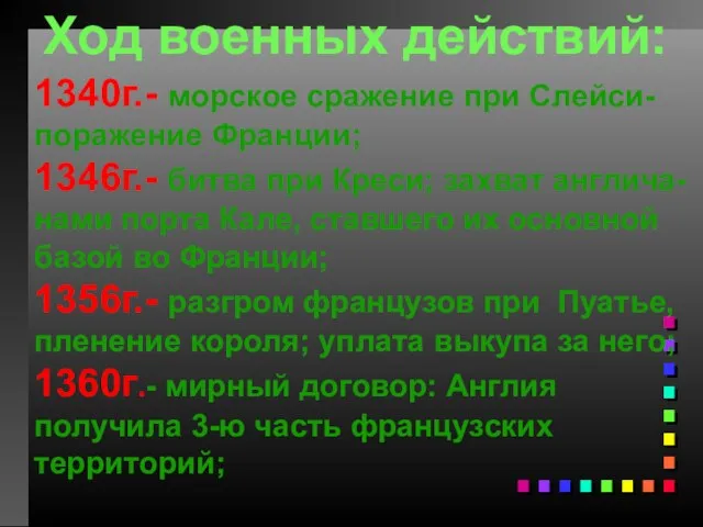 Ход военных действий: 1340г.- морское сражение при Слейси- поражение Франции; 1346г.- битва