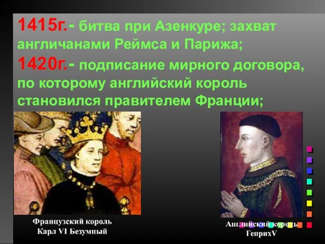 1415г.- битва при Азенкуре; захват англичанами Реймса и Парижа; 1420г.- подписание мирного