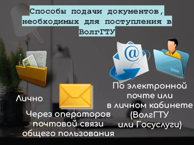 Способы подачи документов, необходимых для поступления в ВолгГТУ Лично Через операторов почтовой