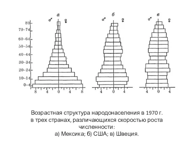Возрастная структура народонаселения в 1970 г. в трех странах, различающихся скоростью роста