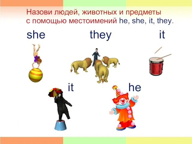 Назови людей, животных и предметы с помощью местоимений he, she, it, they.