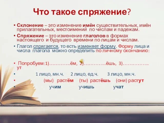 Что такое спряжение? Склонение – это изменение имён существительных, имён прилагательных, местоимений