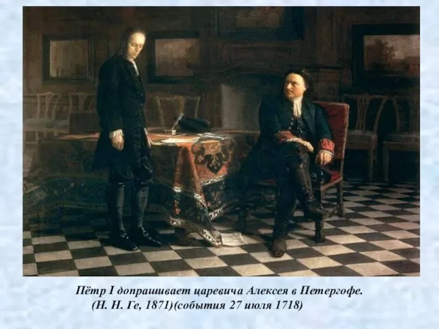 Пётр I допрашивает царевича Алексея в Петергофе. (Н. Н. Ге, 1871)(события 27 июля 1718)
