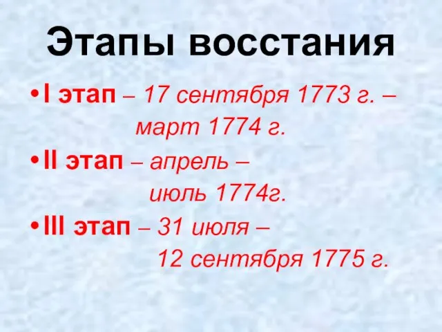 Этапы восстания I этап – 17 сентября 1773 г. – март 1774