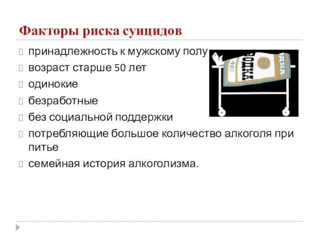 Факторы риска суицидов принадлежность к мужскому полу возраст старше 50 лет одинокие