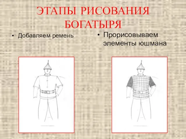 Добавляем ремень Прорисовываем элементы юшмана ЭТАПЫ РИСОВАНИЯ БОГАТЫРЯ