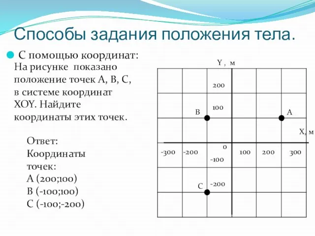 Способы задания положения тела. С помощью координат: А В С Y ,