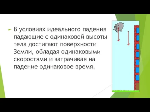 В условиях идеального падения падающие с одинаковой высоты тела достигают поверхности Земли,