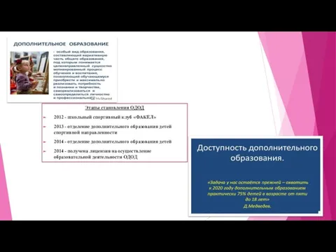 Этапы становления ОДОД 2012 - школьный спортивный клуб «ФАКЕЛ» 2013 - отделение