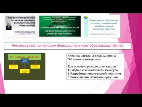 Инклюзивный потенциал дополнительного образования детей Алехина Светлана Владимировна "20 шагов в инклюзию»