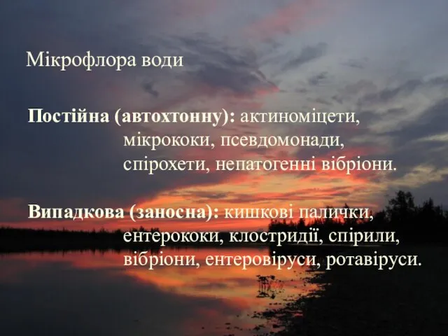 Мікрофлора води Постійна (автохтонну): актиноміцети, мікрококи, псевдомонади, спірохети, непатогенні вібріони. Випадкова (заносна):