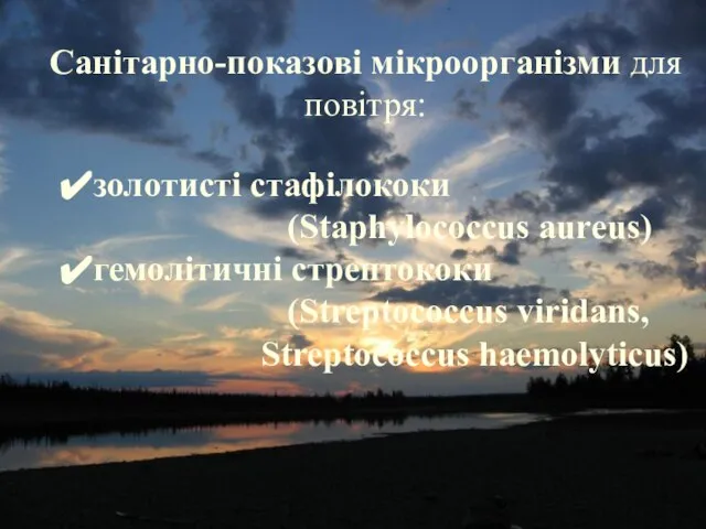 Санітарно-показові мікроорганізми для повітря: золотисті стафілококи (Staphylococcus aureus) гемолітичні стрептококи (Streptococcus viridans, Streptococcus haemolyticus)