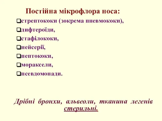 Постійна мікрофлора носа: стрептококи (зокрема пневмококи), дифтероїди, стафілококи, нейсерії, пептококи, мораксели, псевдомонади.