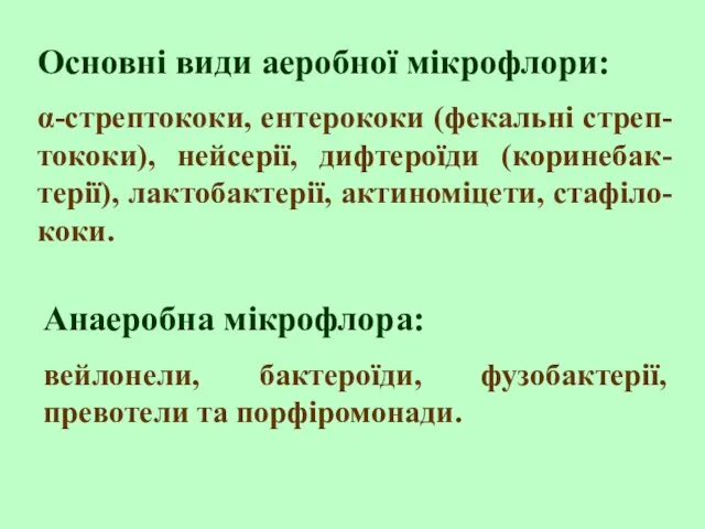 Основні види аеробної мікрофлори: α-стрептококи, ентерококи (фекальні стреп-тококи), нейсерії, дифтероїди (коринебак-терії), лактобактерії,