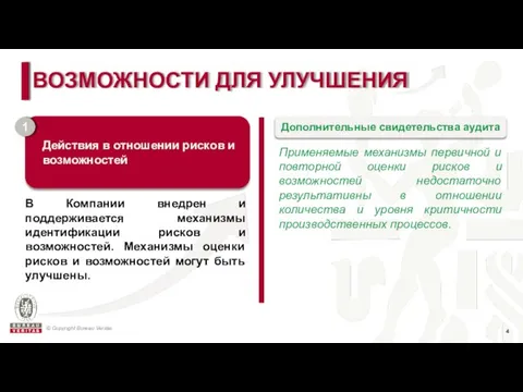 ВОЗМОЖНОСТИ ДЛЯ УЛУЧШЕНИЯ В Компании внедрен и поддерживается механизмы идентификации рисков и