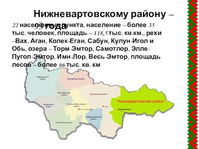 22 населённых пункта, население – более 35 тыс. человек, площадь – 118,5