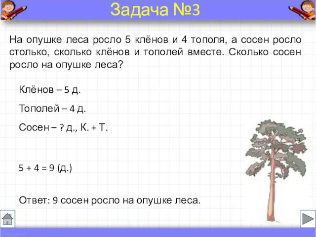 На опушке леса росло 5 клёнов и 4 тополя, а сосен росло