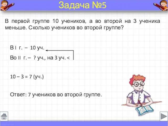 В первой группе 10 учеников, а во второй на 3 ученика меньше.