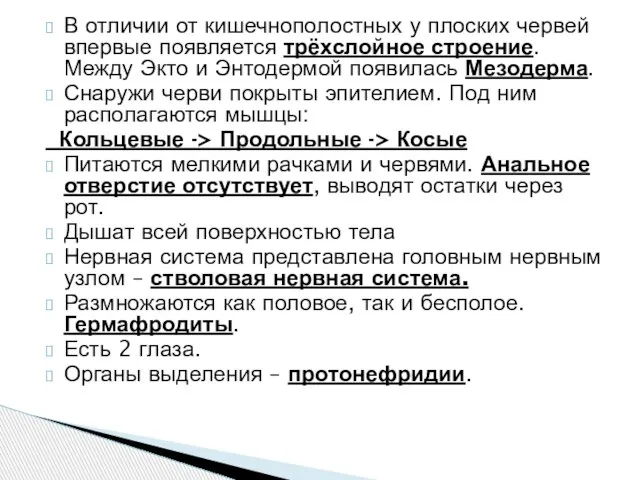 В отличии от кишечнополостных у плоских червей впервые появляется трёхслойное строение. Между