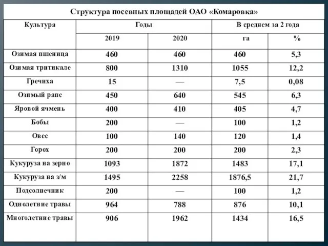 Структура посевных площадей ОАО «Комаровка»