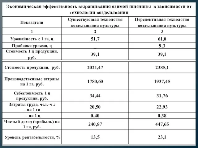 Экономическая эффективность выращивания озимой пшеницы в зависимости от технологии возделывания