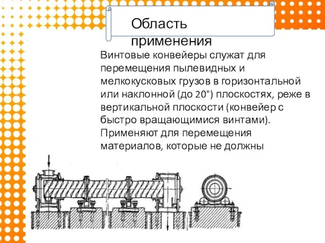 Винтовые конвейеры служат для перемещения пылевидных и мелкокусковых грузов в горизонтальной или