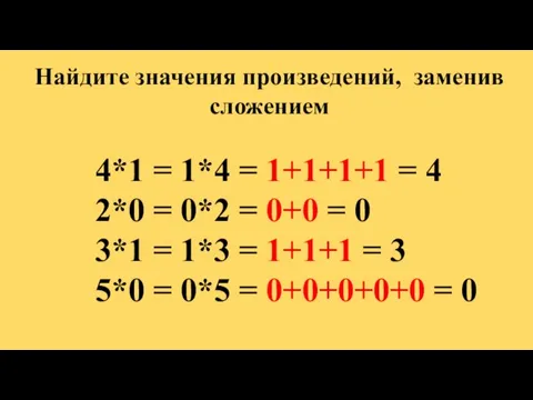 Найдите значения произведений, заменив сложением 4*1 = 1*4 = 1+1+1+1 = 4