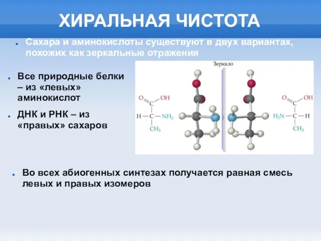 ХИРАЛЬНАЯ ЧИСТОТА Сахара и аминокислоты существуют в двух вариантах, похожих как зеркальные