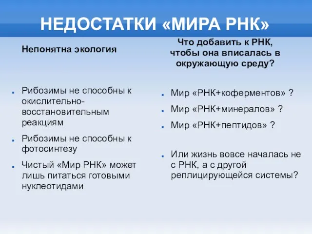 НЕДОСТАТКИ «МИРА РНК» Рибозимы не способны к окислительно-восстановительным реакциям Рибозимы не способны