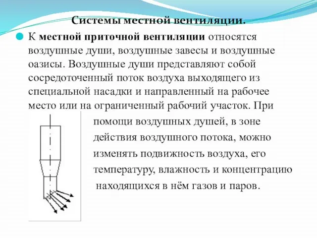 Системы местной вентиляции. К местной приточной вентиляции относятся воздушные души, воздушные завесы