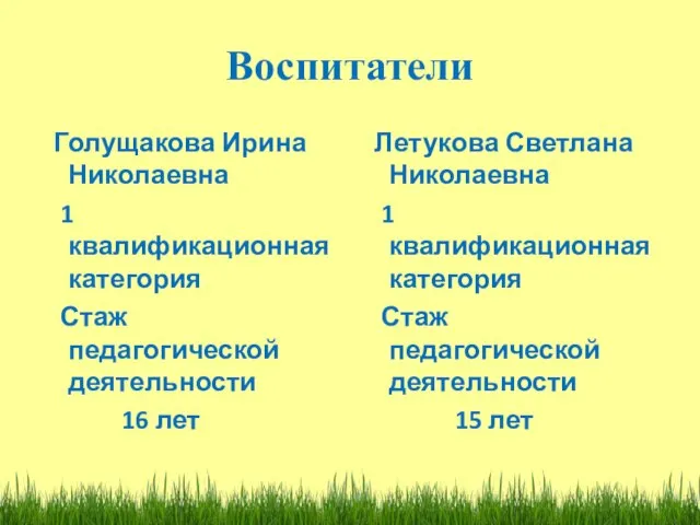 Воспитатели Голущакова Ирина Николаевна 1 квалификационная категория Стаж педагогической деятельности 16 лет