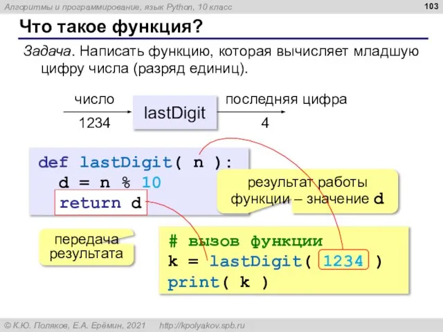 Что такое функция? def lastDigit( n ): d = n % 10