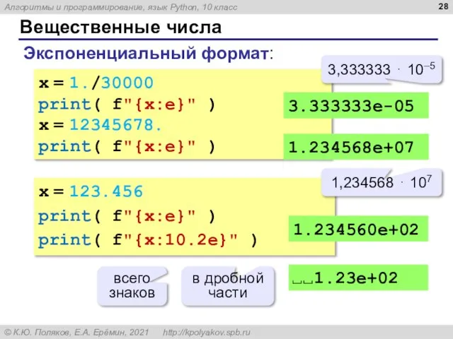 Вещественные числа Экспоненциальный формат: x = 1./30000 print( f"{x:e}" ) x =