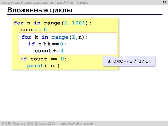 Вложенные циклы for n in range(2, 1001): count = 0 if count