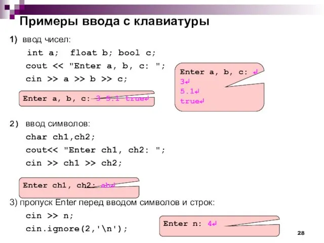 Примеры ввода с клавиатуры 1) ввод чисел: int a; float b; bool